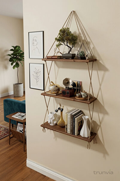 trunvia Ahşap Dekoratif 3'lü Raf Seti, İpli Raf Seti