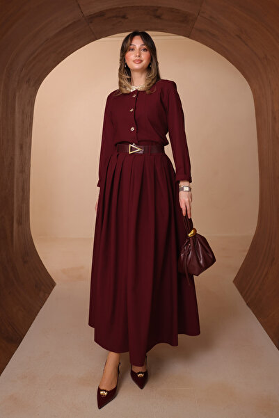 Mogi Butik cu pliuri Fusta lungă, set de curea piese cu nasturi, costum pentr...