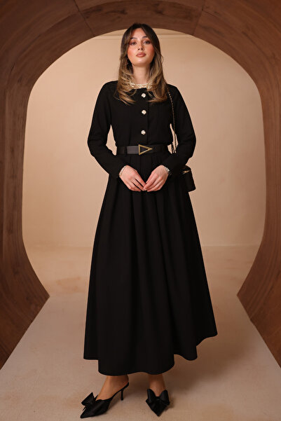 Mogi Butik بثنيات تنورة طويلة مع حزام أزرار، طقم نسائي محتشم 3188 - سلسلة خاصة