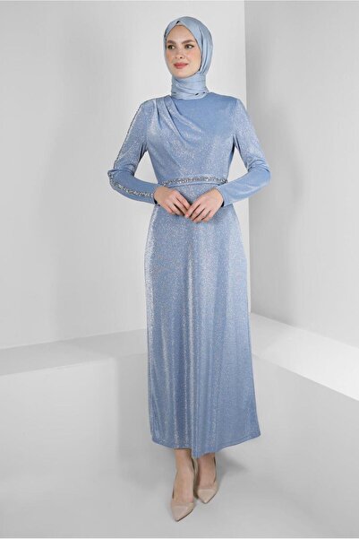 Alvina KOLU VE BELİ TAŞ BASKILI SİMLİ ABİYE ELBİSE 50325