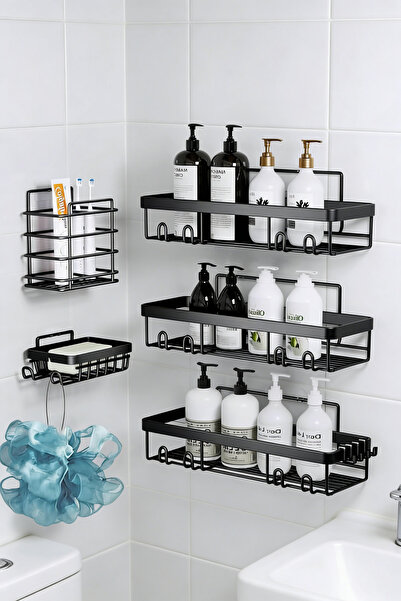 Yoawllty مجموعة من 5 رفوف استحمام سوداء بتصميم بسيط، رف حمام، رف تخزين للحمام...