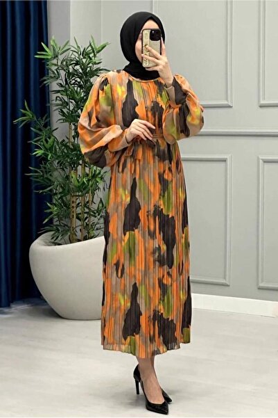 TRENDTESETTÜR KADIN TURUNCU (ORANJ) KUŞAKLI DESENLİ ŞİFON ELBİSE T 0985-3