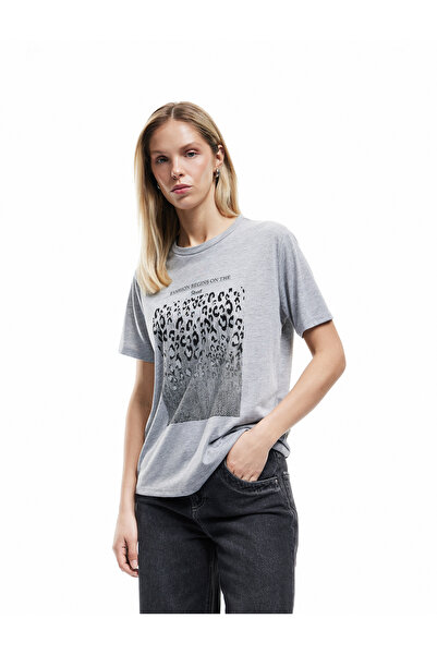 Koton Leopar Baskılı Bisiklet Yaka Kısa Kollu Tişört