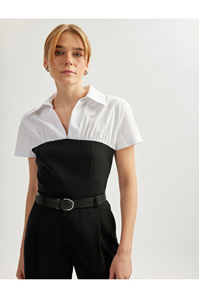 Koton Korse Görünümlü Renk Kontrastlı Gömlek Yaka Kısa Kollu Kadın Bluz