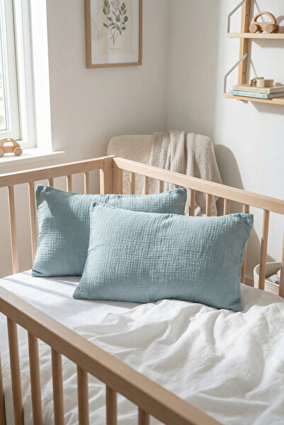 HAMUR Muslin 2-Piece Baby Kids Pillowcase %100 Cotton 35X45 cm Cover Set Blue