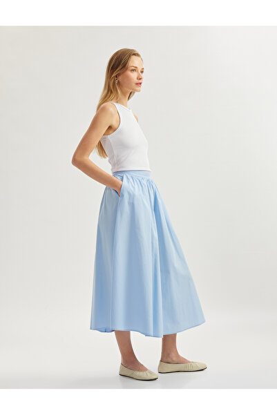 Koton Standart Bel Pamuklu Cepli Poplin Uzun Kloş Etek