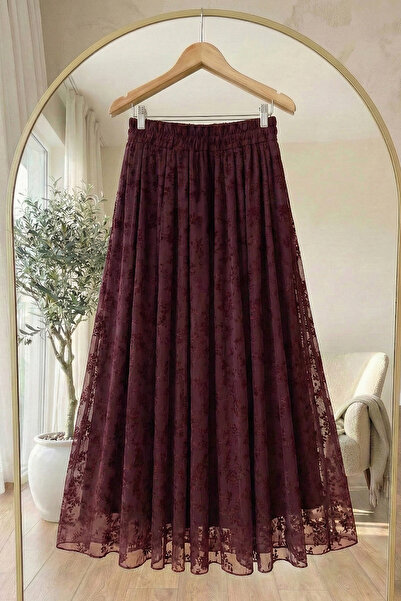 InStyle Çiçekli Flok Tül Astarlı Bordo Etek