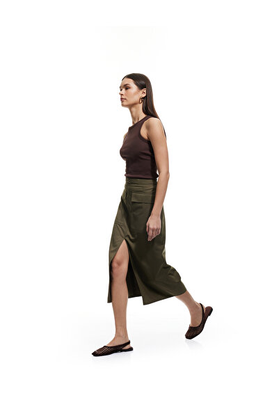 Koton Gabardin Kumaş Slim Fit Kapaklı Cep Detaylı Yırtmaçlı Midi Kalem Etek