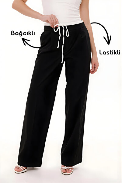 LA PANTE Kadın Pantolon Beli Lastikli Bağcıklı Yancepli Geniş Paça Siyah Pant...