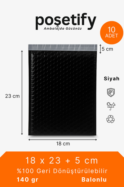 POŞETİFY Balonlu Kargo Poşeti 18x23x5 cm | 10 Adet | Siyah | Balonlu Naylon T...