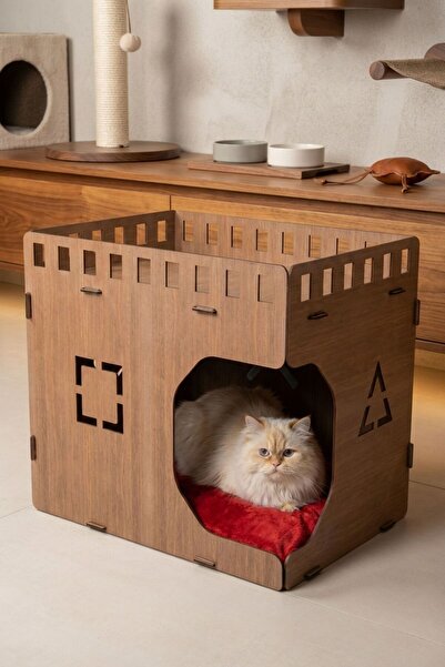 Evene Büyük Kedi Evi Dekoratif Ahşap Dayanıklı Ceviz Renk 50x35 Cm Kedi Yatağ...