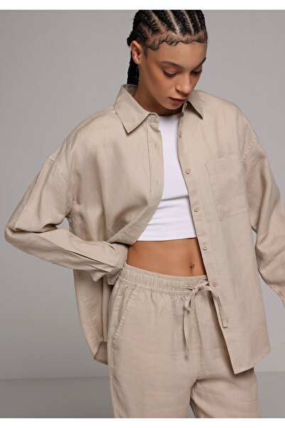 Colin's Boyfriend Fit Shirt Neck Plain Women's Beige Long Sleeve Shirt