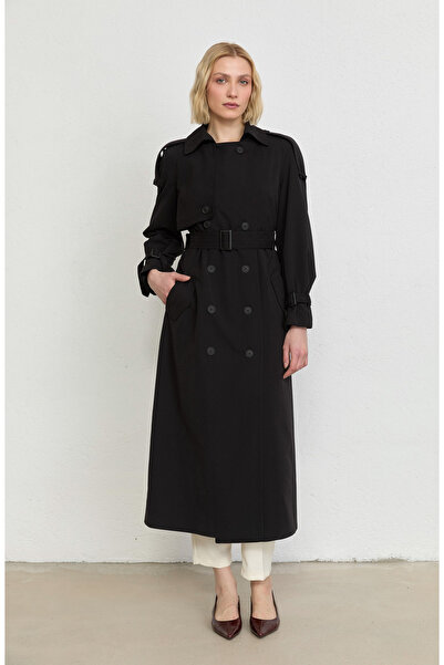 Fatma Atasoy Apoletli Siyah Oversize Trençkot
