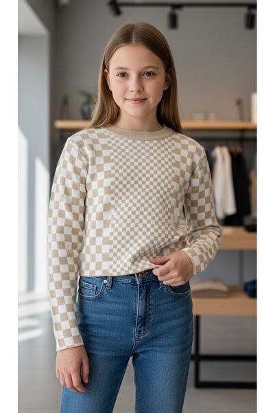 Minimoda Kids Kız Çocuk %100 Polyester Damalı İnce Triko Kazak