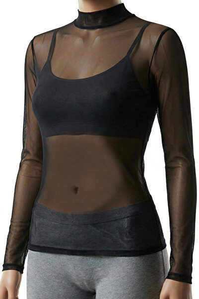 Öts بلوزة نسائية برقبة دائرية تول شفاف (96% قطن - 4% إيلاستين )