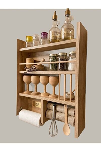 Bicabin Mutfak Terek Dekoratif Çok Amaçlı Duvar Rafı Düzenleyici -Lefkas Meşe