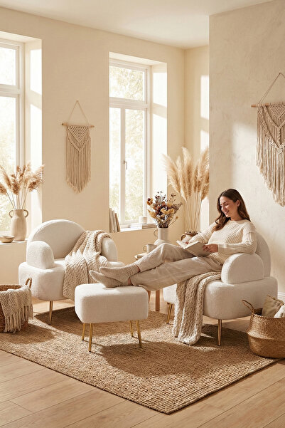 Zem Petra Çay Seti, Kırık Beyaz (2 ADET TEKLİ BERJER 1 ADET PUF)