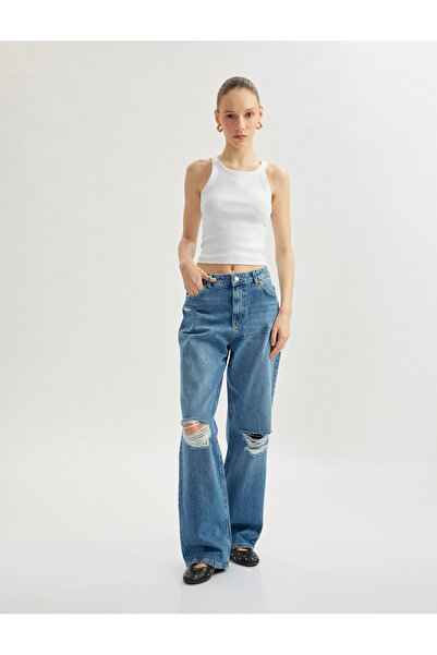 Koton Pantaloni din denim din bumbac cu talie înaltă - blugi drepti