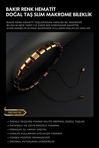 Seven Art Jewelry Hematit bakır renk doğal taş, kanallı makrome bileklik, aya...