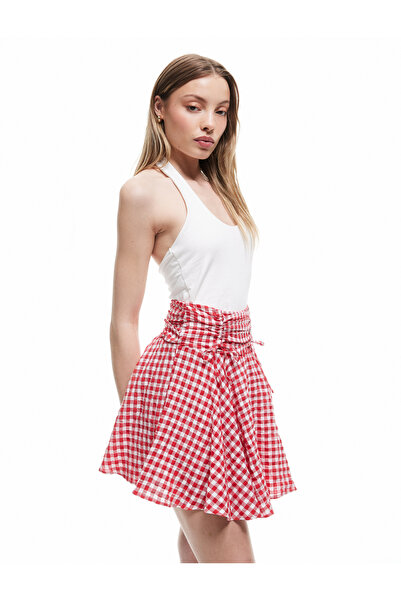 Koton Flounced Gathered A-Line Seersucker Viscose Blended Gingham Mini Skirt