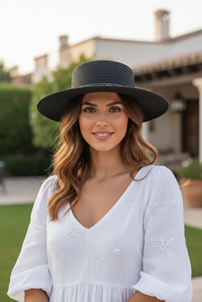 Bay Şapkacı قبعة شاطئ نسائية عصرية مزينة بشريط لامع 3855