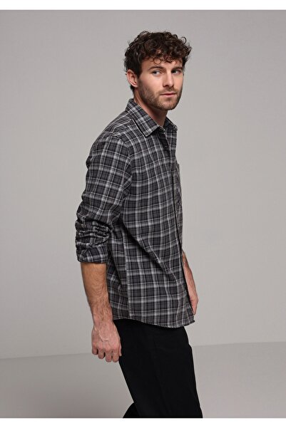 Colin's قميص منقوش برقبة قميص عادية للرجال باللون الرمادي بأكمام طويلة