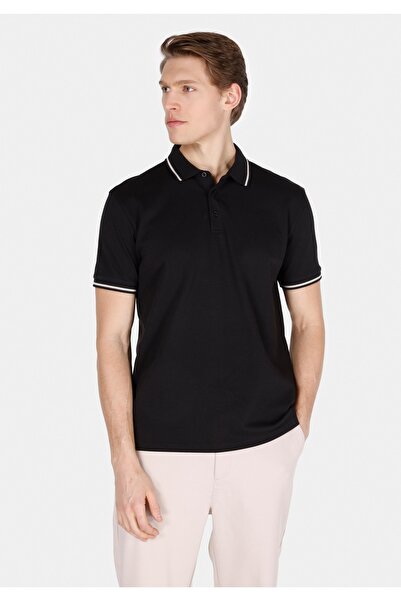 Colin's Мъжка черна тениска с къс ръкав с поло деколте и жакард