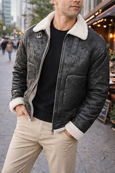 İLKCET MODA Men's Suede Coat - Fur Collar Style