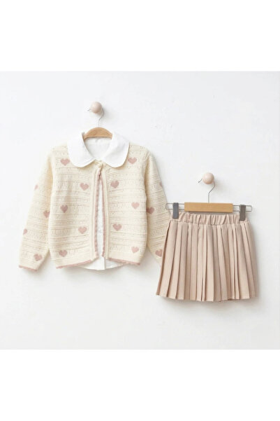 lumia Kız Çocuk Piliseli Etekli Takım Bebe Yaka Gömlek Triko Hırka 3 Parça Şı...