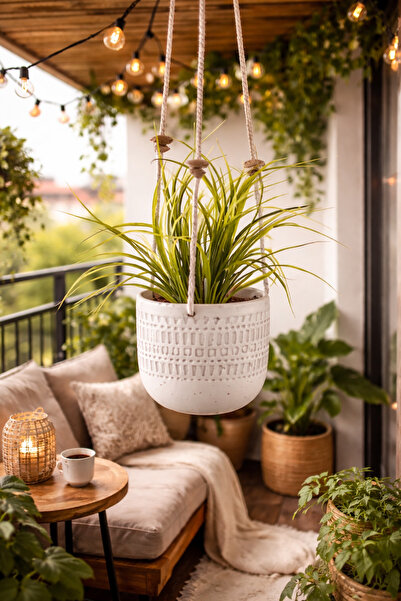 Genel Markalar Vintage Ipli Seramik Asma Saksı 13x13x13cm Bej Beyaz Desenli 1...