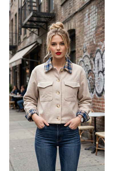 Matcha Butik Kadın Ekoseli Mavi Garnili Kaşe Ceket