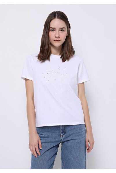 Colin's Tricou alb cu mânecă scurtă pentru femei, cu broderie cu gât rotund