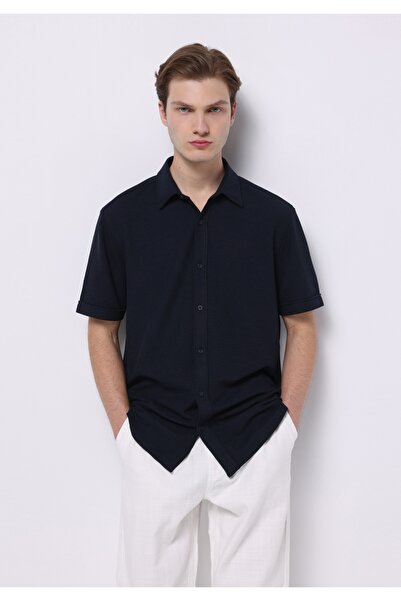 Colin's Regular Fit Shirt Neck Jakarlı Erkek Lacivert Kısa Kol Gömlek