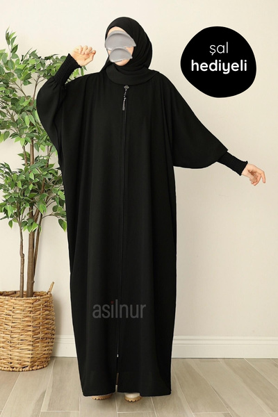 ASİLNUR Ebru Yarasa Kollu Ferace Şal Hediyeli Takım Siyah