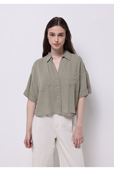 Colin's Regular Fit Shirt Neck Cepli Düz Kadın Yeşil Kısa Kol Gömlek