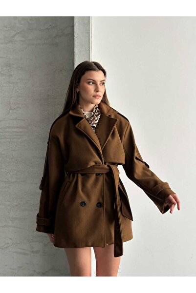 VESS MODA Palton scurt de damă cu nasturi și detalii tip eșarfă, maro