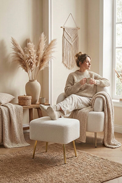 Zem Petra Çay Seti, Kırık Beyaz (1 ADET TEKLİ BERJER 1 ADET PUF)