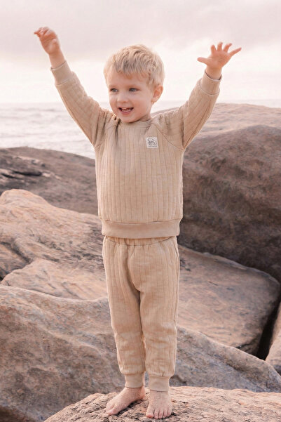 Cigit Quilted Sweatshirt Set 1-7 Years Beige