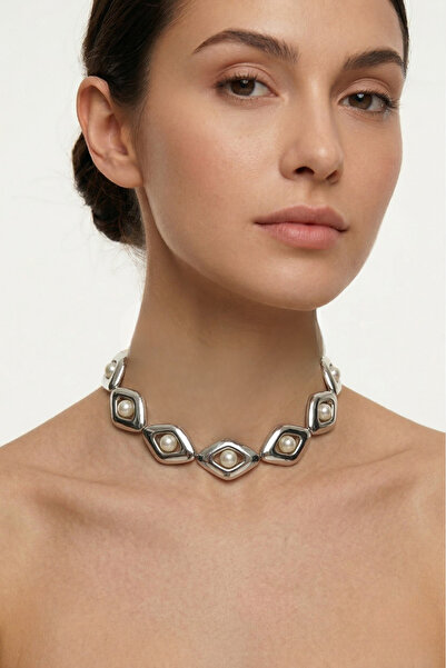 PETEK AKSESUAR METALİZE İNCİ BAKLAVA CHOKER TASMA KOLYE