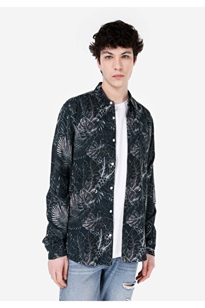 Colin's Regular Fit Shirt Neck Baskılı Erkek Yeşil Uzun Kol Gömlek