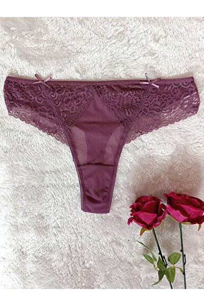 Papatya Yan Dantel Detaylı Transparan Arkası Tanga Kadın İç Giyim Külot ( LAV...