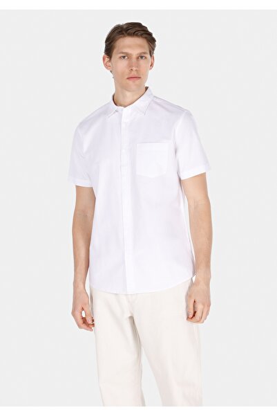 Colin's قميص عادي بقصة رقبة مستقيمة للرجال باللون الأبيض بأكمام قصيرة