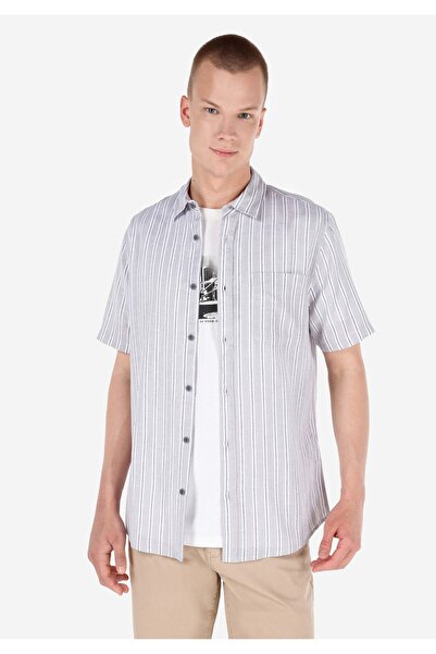 Colin's قميص رجالي رمادي بأكمام قصيرة مخطط بفتحة رقبة عادية