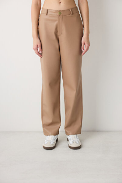 Penti Dark Beige High Waist Straight Leather Pants