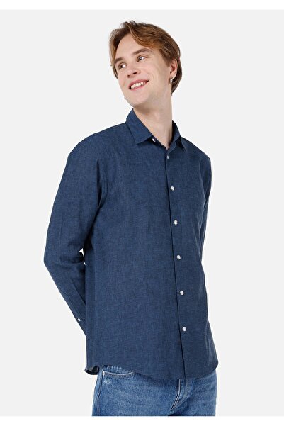 Colin's قميص مريح ذو رقبة مسطحة للرجال باللون الأزرق الداكن بدون جيوب وأكمام ...