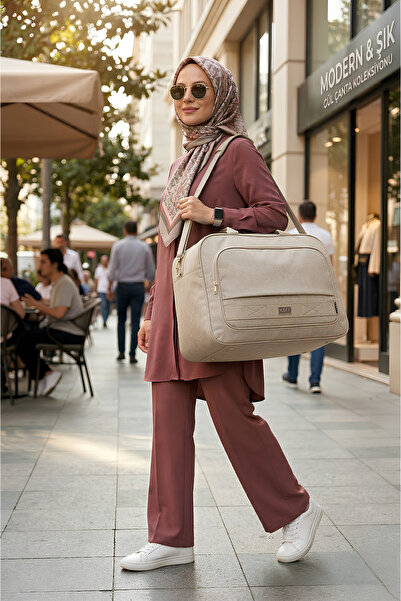 KAFF Bej Krinkıl Kumaş 00816 Unisex Önü Cepli Suya Dayanıklı Geniş Omuz Askıl...