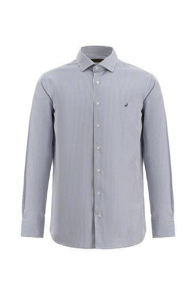 Abdullah Kiğılı Ιταλικό Βαμβακερό Πουκάμισο με Ρίγες σε Στενή Γραμμή - Μακρυμ...