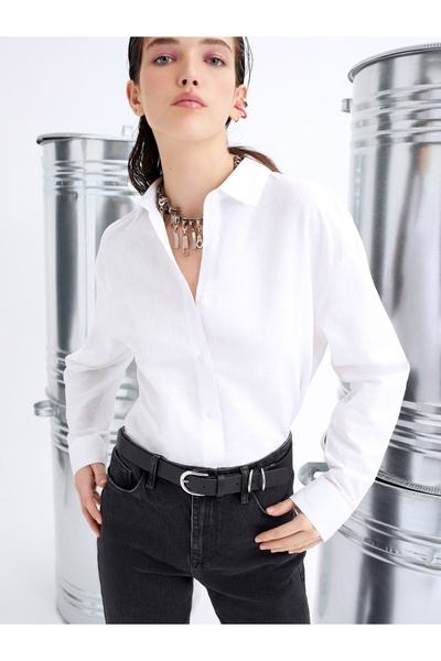 Colin's Relaxed Fit Shirt Neck Düz Kadın Beyaz Uzun Kol Gömlek