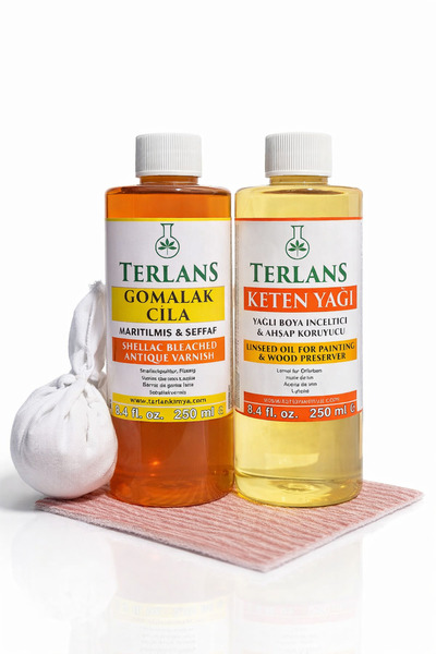 Terlans Doğal Ahşap Cila Seti Şeffaf Gomalak Keten Yağı 250 ml Süngerli Zımpa...
