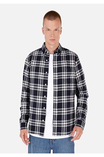 Colin's Slim Fit Button Collar Plaid Men's Navy Blue Long Sleeve Shirt